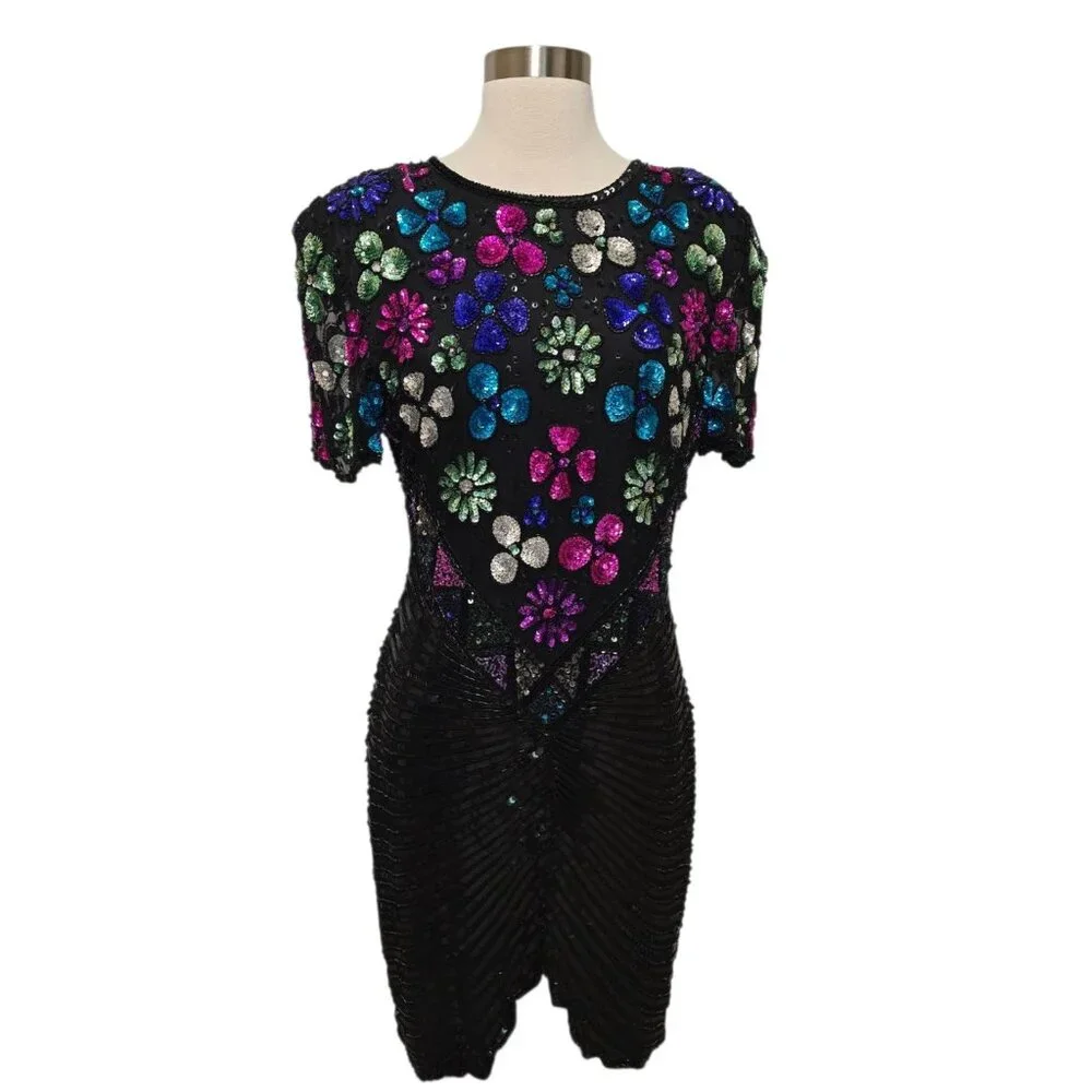 Vintage 90s Fully Sequin Dress Womens Size Medium Black Formal Party Sweelo - Picture 1 of 10